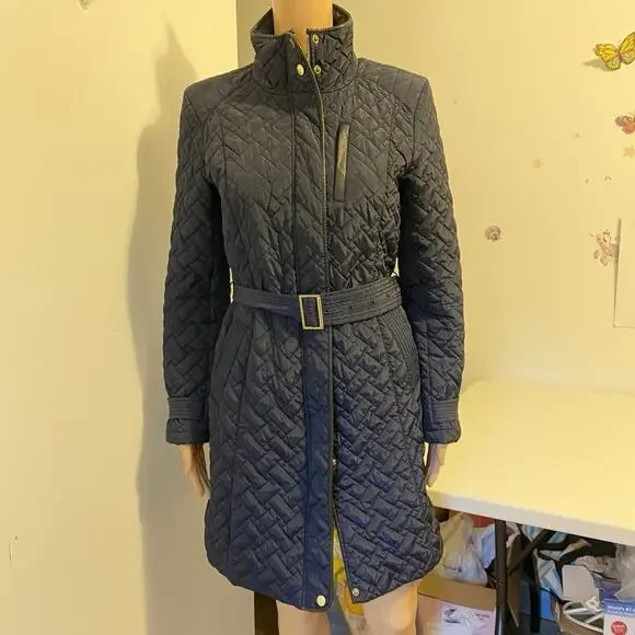 Cole Haan Signature NavyBlue Leather Trim quilted belted Coat Jacket SP Zip Snap - Picture 2 of 13